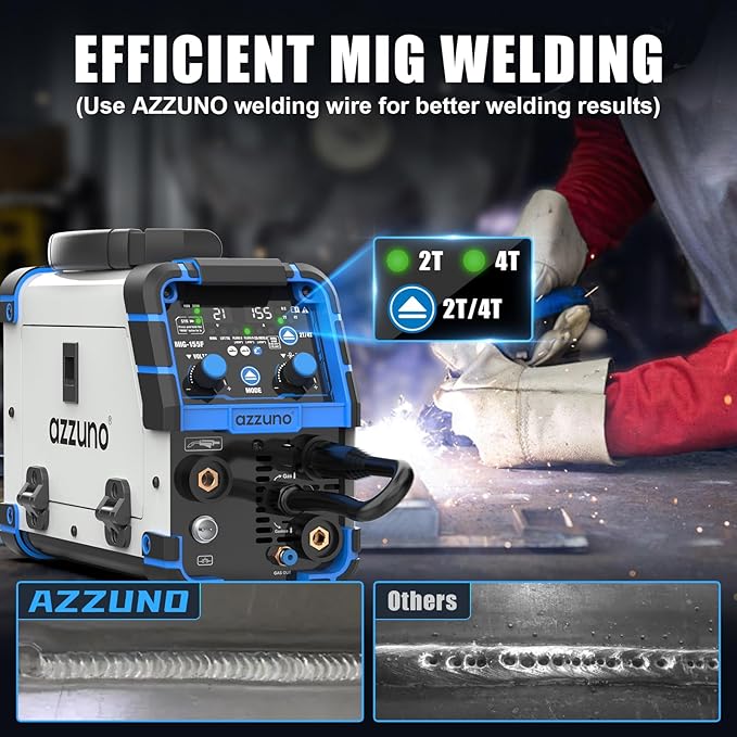 AZZUNO Aluminum MIG Welder 155Amp, Dual Vlotage 110V/220V 5-in-1 Welder Machine Gasless MIG/Gas MAG/Aluminum MIG/Stick/Lift TIG Welding, Multiprocess Welding Machine