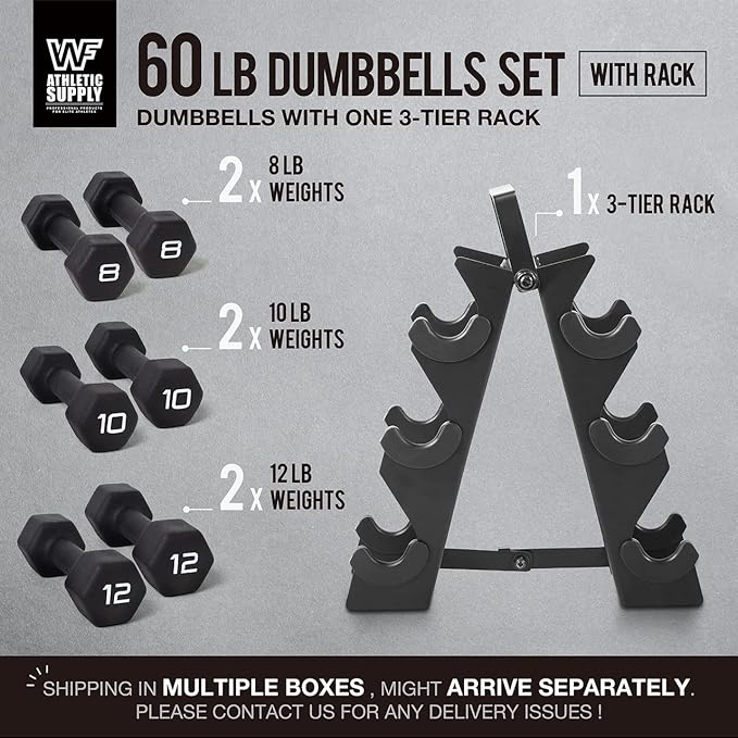 WF Athletic Supply Black Neoprene Dumbbell Set, Non-Slip & Hex Shape, Great for Muscle Toning, Strength Building & Weight Loss; Sizes, Dumbbells Only & w/Rack Options Available