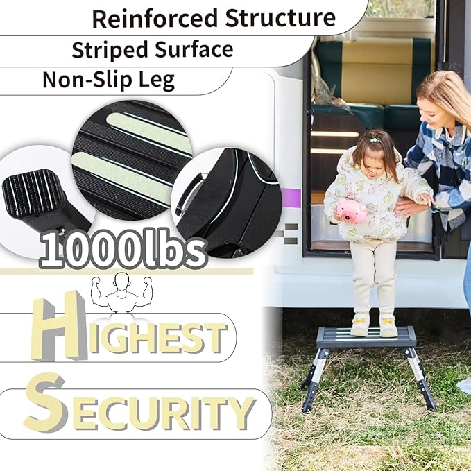 1000Lbs Heavy Duty Rv Steps, 4 Levels Adjustable Step Stool, Portable Folding Step Stool, Easy Use Camper Steps for Rv/Trailer/Truck/SUV, Lightweight Rv Step for Adults/Seniors/Dog by SOUHEILO