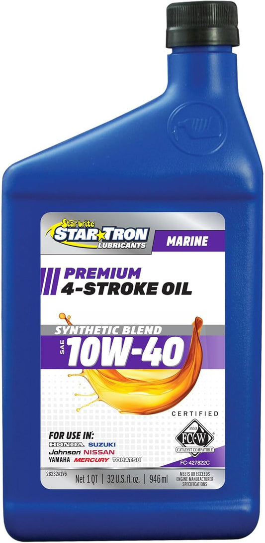 STAR BRITE Star Tron Premium 4 Stroke Marine Oil - 10W-40 Synthetic Blend Engine Oil for Outboards, Gasoline Inboards & Stern Drives - NMMA FC-W Certified, 32 OZ (028232)