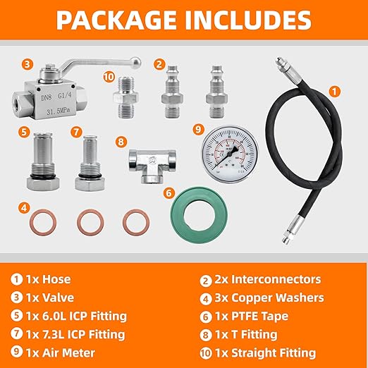 High Pressure Oil System IPR Air Test Tool Kit Compatible with Ford Powerstroke 6.0L & 7.3L Diesel Engines with Valve Air Test Fitting & Gauge Air Meter