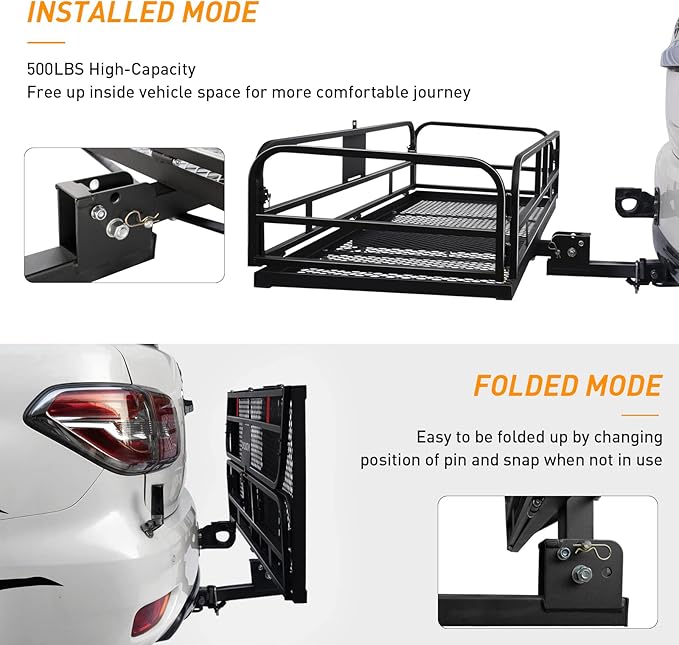 Wildroad Hitch Mount Cargo Carrier Basket 500 LBS Folding Vehicle Cargo Baskets 60" x 24" x 14" Fits 2" Receiver with 2" Hitch Stabilizer for SUV, Pickup Truck, Trailer