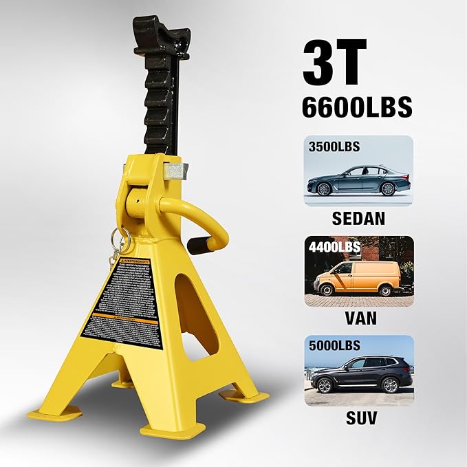 YELLOW JACKET Car Jack Stands 3 Ton with Double Locking and Large Foot Base for Lifting SUVS, Heavy Duty Steel, 6600 lb Capacity, 1 Pair, Yellow