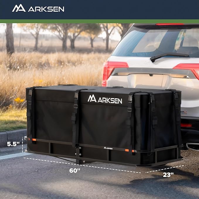 ARKSEN 60 x 23 x 5.5 Inch Folding Hitch Cargo Carrier with 500D PVC Waterproof Cargo Bag & Net, 2 Ratchet Straps, 500 Lbs Capacity Heavy Duty 2 Inch Receiver Luggage Basket for SUV, Pickup Truck