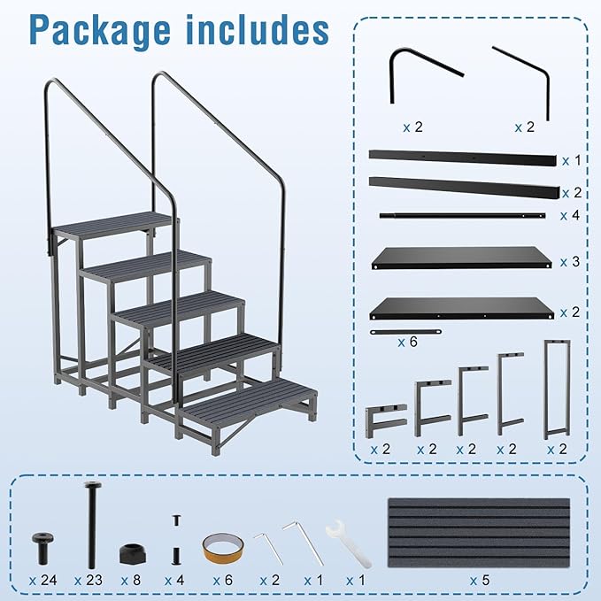 RV Steps with Handrail, 5 Steps RV Stair, Mobile Home Stairs for Camper, Trailer, hot tub, Steps with Non-Slip mat, 660lbs Capacity