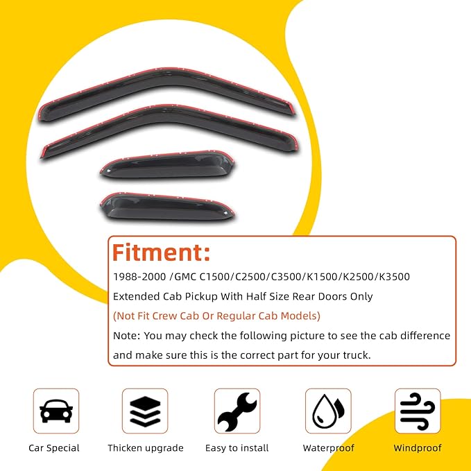 Window Visor Rain Guards Compatible with 1988-2000 Chevy GMC C10 C1500 C2500 C3500 K1500 K2500 K3500 Pickup Extended Cab Wind Deflector Vent Visors for Trucks Accessories Tape-On 4 Pieces