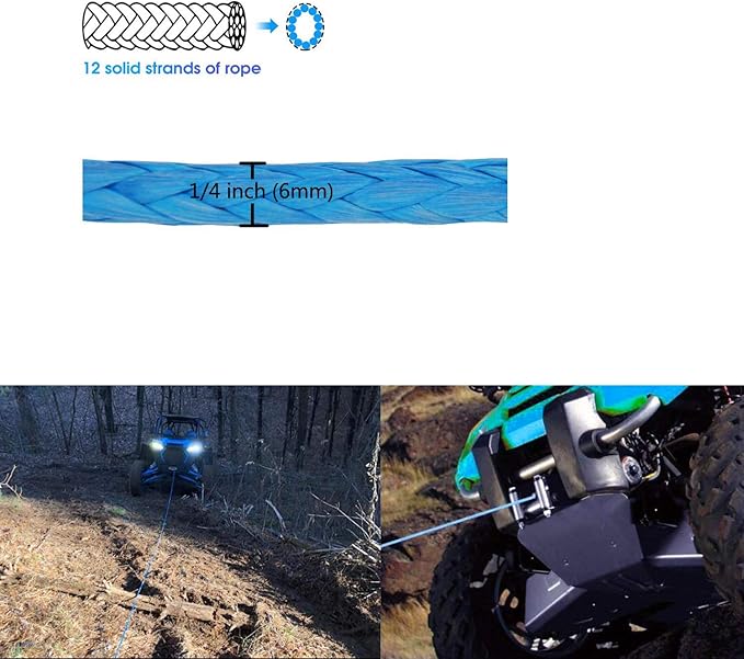 Ucreative 1/4 Inch x 50 Feet 10,000LBs Synthetic Winch Line Cable Rope with Black Protecing Sleeve for ATV UTV (Blue)