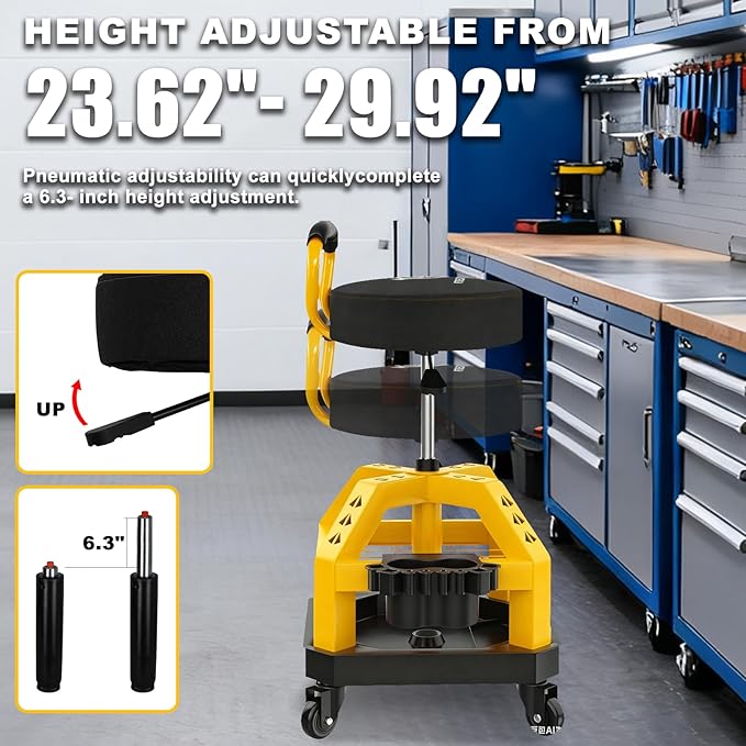 Rolling Shop Stool with Wheels, Heavy Duty Garage Work Mechanic Stool with Backrest, Adjustable Height 360°Swivel Rolling Chair with Tool Tray Storage, 330 LBS Capacity, Yellow