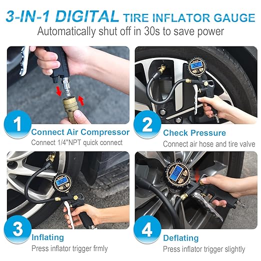 Digital Tire Pressure Gauge with Inflator, 250PSI Air Chuck Compressor Accessories with Quick Connect Coupler Heavy Duty Tire Inflator Gauge, 0.1 Display Resolution for Truck,RV, SUV