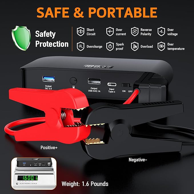 BOOKOO Car Battery Jump Starter 4000A,16000mAh Portable Battery Jumper Cables for Car 8L Gas | 7L Diesel Engines,Jump Box with USB QC 3.0 | PD 18W Fast Charging,3 LED Modes with SOS for Emergency Use