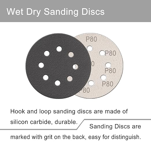 100 Pcs 5 Inch Sanding Discs Hook & Loop 8 Holes Wet Dry 80 Grit Sandpaper Silicon Carbide Sand Paper for Orbital Sander Automotive Wood Plastic Metal Polishing (100Pcs 80 Grit)