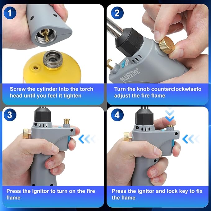 BLUEFIRE BTS-8090 Propane Torch Trigger Start Heavy Duty Gas Welding Head Adjustable Swirl Flame Hand Blow Torch Hold Portable Fuel by MAPP/MAP Pro/Propane Bottle Tank (Torch with MAPP Cylinder)