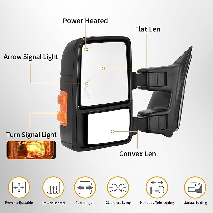 DWVO Towing Side Mirrors Compatible with 08-16 Ford F250 F350 F450 F550 Super Duty Mirror with Manual Telescoping Folding Heated Amber Turn Signal Light Power Pair Black