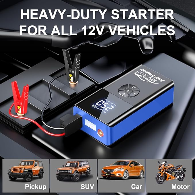 Jump Starter with Air Compressor, 8000A 180PSI, Portable Car Battery Jump Starter (All Gas/12L Diesel) 12V Automobile Jump Box Pack Chargers with Jumper Cables, 4-Mode LED Lights (Blue)