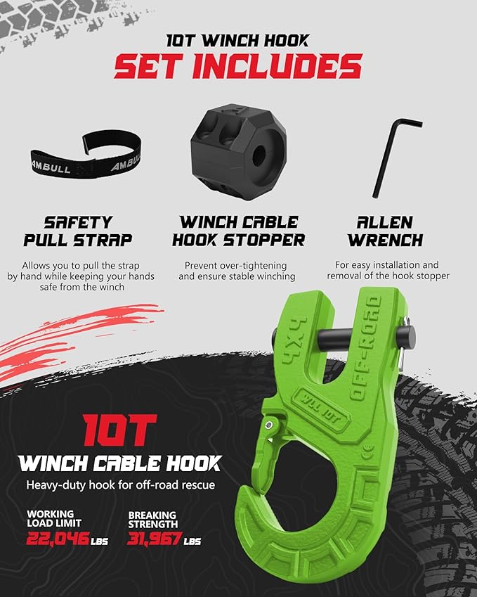 3/8" Tow Winch Hook with Cable Stopper, 10T Winch Hook, Upgrade Heavy Duty Forged Steel Winch Hook, 31967lbs Max Strength, Clevis Clip Hook Set for Synthetic Rope, Off-Road Vehicle, Green