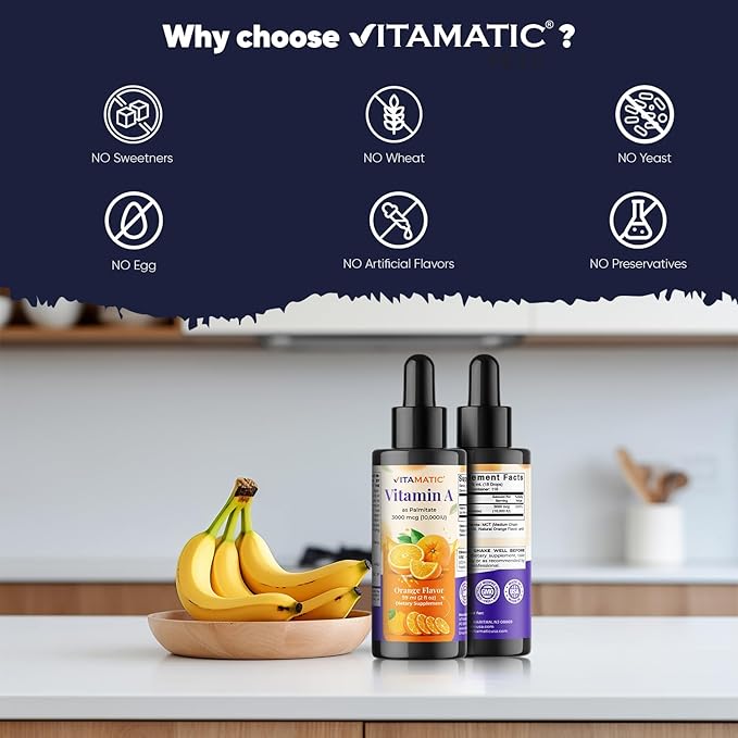 Vitamatic Sugar Free Vitamin A Liquid Drops 10000 IU (3000 mcg) as Retinyl Palmitate - Approximate 4 Months Supply - Immune Support, Eye Health, Skin Health - 2 FL OZ (59 ml)