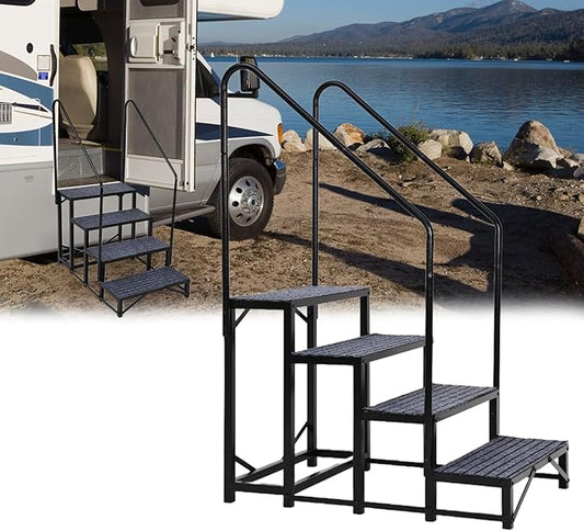 Portable 4-Step RV Stairs with Handrails, RV Steps Ladder with Non-Slip Mats, for Travel Trailers, Campers, Hot Tubs, Porch, Pool, Pets