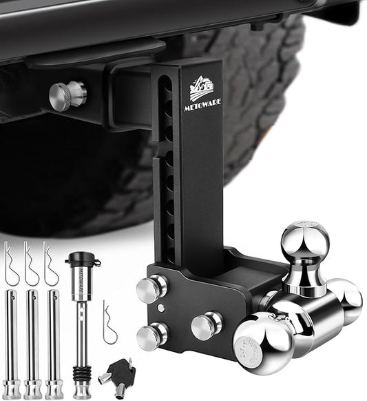 METOWARE Adjustable Trailer Hitch Ball Mount-Fits 2.5" Receiver-Heavy Duty Drop Hitch, Tri-Ball (1-7/8" x 2" x 2-5/16") 8" Drop/Rise, 18,000 GTW and Anti-Theft Stainless Steel Lock