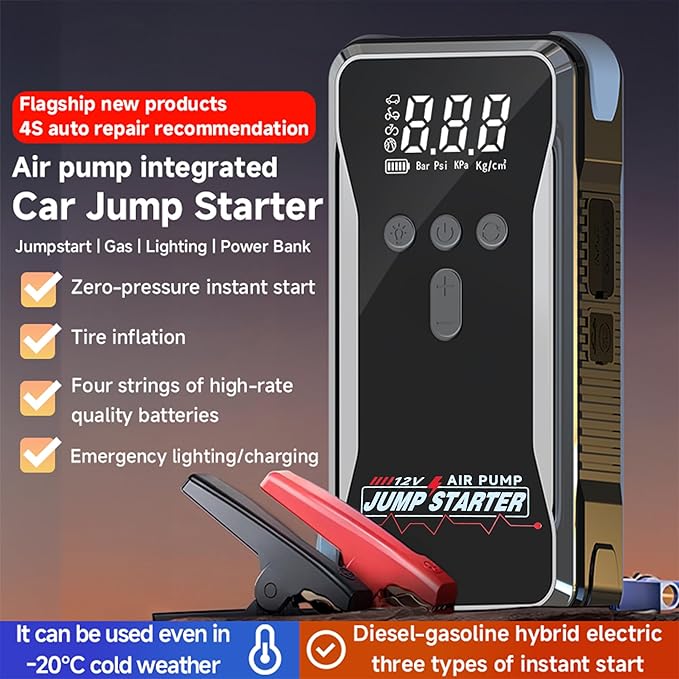 Car Battery Jump Starter with Air Compressor,2000A Peak Battery Jumper Starter Portable with 150PSI Tire Inflator, 12V Jumper Cables(9L Gas/8L Diesel) Jumpbox, LCD Display,LED Light, USB Quick Charge