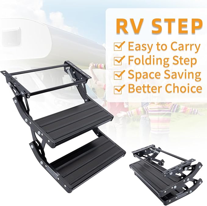 RV Steps, 2-Step, Manual Foldable RV Steps, 400 LBS Load Capacity, Retractable Aluminum Alloy Camper Steps, Thickened Steel Plate Trailer Steps, Non-Slip Design, Ideal for RV, Trailer, Camper, Black