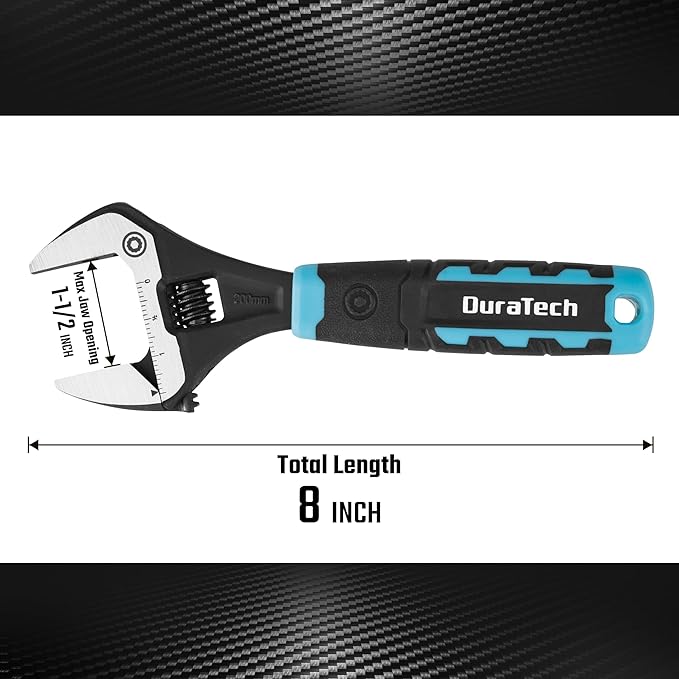 DURATECH 8-Inch Adjustable Wrench, Wide Jaw Opening Plumbing Wrench, CR-V Steel, SAE and Metric Scale Marked, Ergonomic Grip