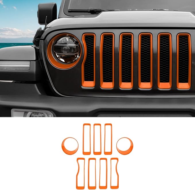 Grille Grill Insert+Headlight Turn Light Cover Compatible with 2018-2023 Jeep Wrangler JL JLU Sport/Sport S Only,Not for Sahara,Rubicon 4xe(Orange)