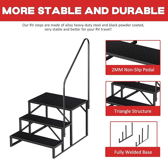 Step Stool Ladder for Adults, Pool Steps with 2 Handrails, 3 Step RV Ladder, Camper Steps for Travel Trailers, 5th Wheel, Motor Home, Spa, and Porch