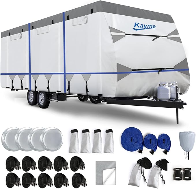 Kayme RV Cover for 31-34ft Travel Trailers, 300D Oxford Heavy Duty Waterproof Camper Cover with Zipper Door.Windproof, UV Protection, Snowproof.Includes 4 Tire Covers, Jack Cover & Wind Straps