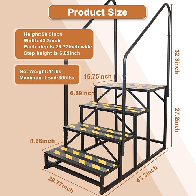 4 Step RV Stairs, Hot Tub Steps, Outdoor Spa Step Ladder with Double Handrail,Portable Economy 5th Wheel Stair for Travel Trailer, Motor Home, Camper and Porch with Non-Skid Tapes