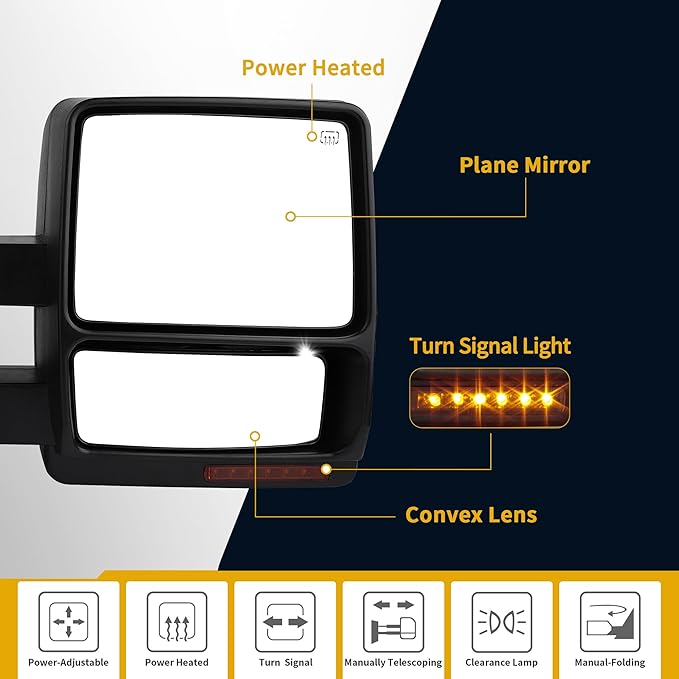 DWVO Towing Mirrors for 2007-2014 Ford F150, Power Heated Side Mirrors with Amber LED Turn Signal, Puddle Light, Manual Telescoping and Folding, Pair Replacement Tow Mirrors Set