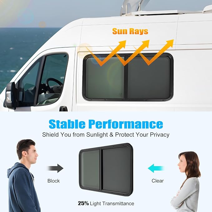42" W x 22" H RV Window Horizontal Sliding, DOT Certified - Shatterproof Tempered Tinted Glass, with Net Screen and Trim Ring, Teardrop Replacement Trailer Camper Window