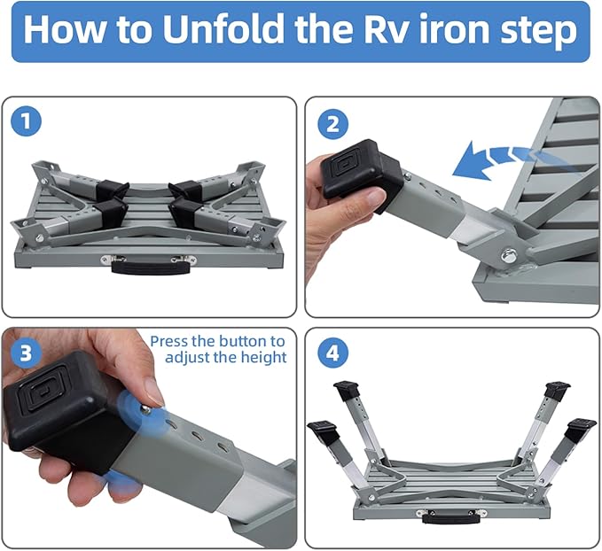 Homeon Wheels RV Step Stool, Adjustable Height Folding Iron Platform with Non-Slip Rubber Feet, Anti-Slip Stripe and Handle, Supports Up to 1000 lbs, 16.5" x 12.2", for Trailer, Truck, Outdoor Use