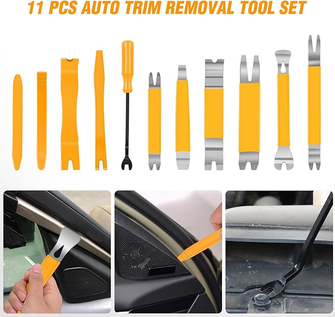 GOOACC 11PCS Trim Removal Tool Kit, Metal & Nylon Pry Tools Set for Car Door Panel, Dashboard, Audio, Clips, Fastener Remover w/Storage Box – Yellow