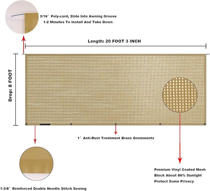 Tentproinc RV Awning Sunshade Screen 8' X 20' 3'' (Fit for 21' Awning) Mesh Sun Shade Block UV Glary Motorhome Camping Trailer Awning Shadescreen UV Sunblocker Sunscreen - 3 Year Warranty (Beige)