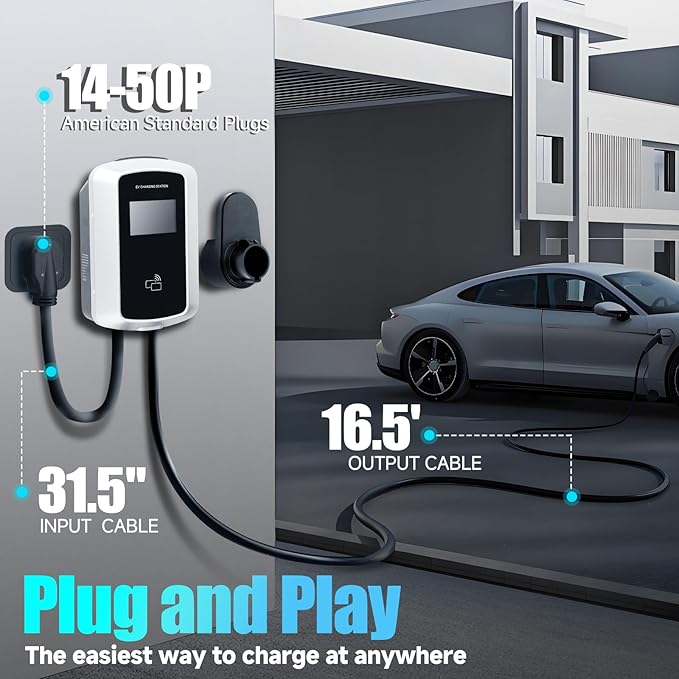 Level 2 EV Charger 48Amp, 16.5ft Cable, EVSE w/ J1772 Connector, NEMA 14-50 Plug, WiFi Enabled, Smart Display, RFID Card Electric Car Charger