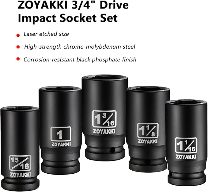10 PCS 3/4" Drive Impact Lug Nut Socket,Standard SAE Size(15/16" to 1-1/2"),Deep Socket Set CR-MO Material Adapter Setwith Durable Case for lmpact Driver Conversions(Upgraded)