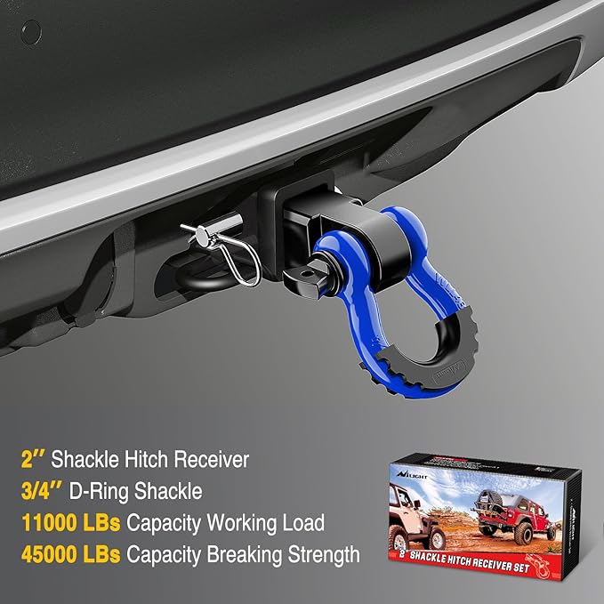 Nilight Shackle Hitch Receiver 2Inch 45000 LBs Breaking Strength 3/4" D Ring Trailer Pin Heavy Duty Solid Recovery Towing Kit for Trucks Jeeps Off-Road