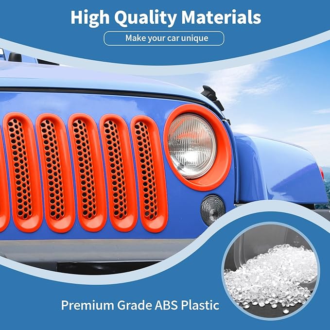 for Jeep JK Front Grille Inserts & Headlight Cover Trim Ring for Jeep Wrangler JK JKU 2007-2017 Orange Exterior Accessories 9pcs