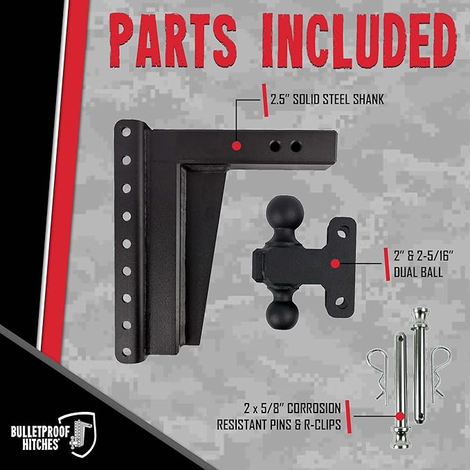 BulletProof Hitches - 2.5" Adjustable Extreme Duty Trailer Hitch (36,000 lb. Rating) - 12" Drop/Rise with 2" and 2 5/16" Dual Ball - Powder Coat, Solid Steel, Corrosion-Resistant