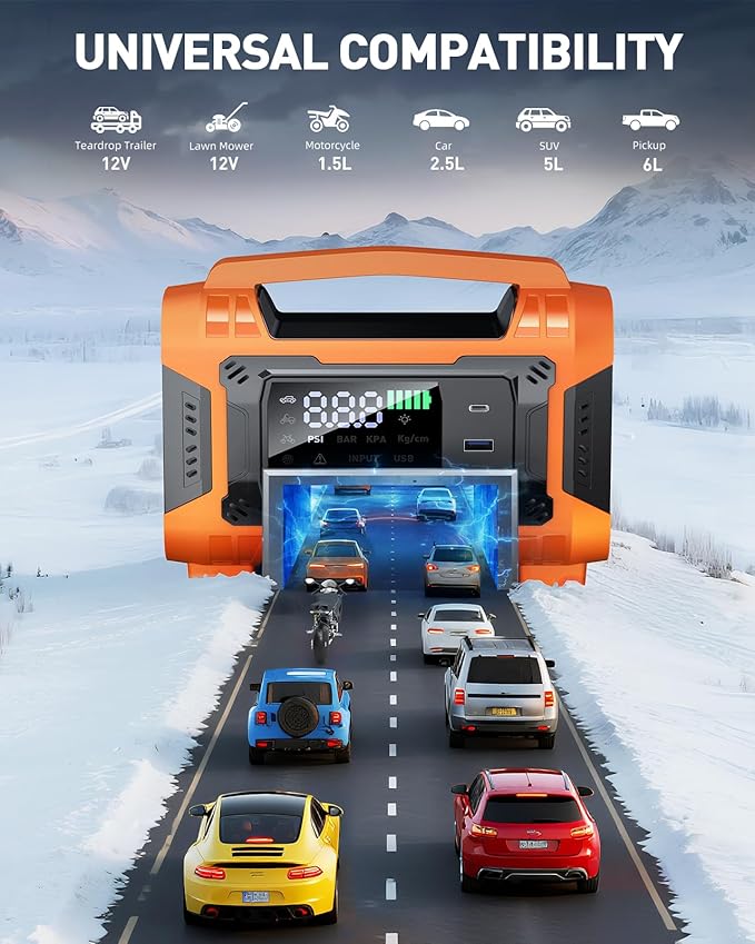 Jump Starter with Air Compressor, Car Battery Jump Starter 150PSI Tire Inflator, Battery Jumper Starter Portable Jump Box, 12V Portable Car Jump Starter for 9L Gas & 7L Diesel Engines