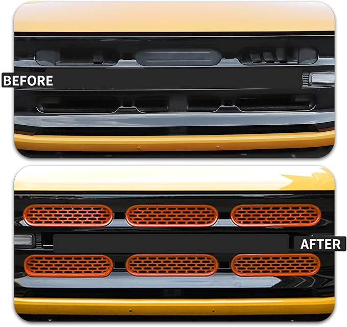Front Grill Mesh Grille Inserts Cover Frame Trims Kit 6Pcs Fit for Ford Bronco 2021-2024 2/4 Door Exterior Accessories (Orange)