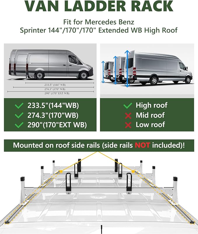 800LBS Heavy Duty Cargo Van Roof Rack Fit for Mercedes Benz Sprinter High Roof 144"/170"/170" ext w/Ladder Guides & Straps, Secure Pipes/Ladders/Materials