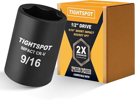 TIGHTSPOT 1/2 Inch Drive 9/16 Inch Shallow Impact Socket with Anti-Rounding 6 Point Design, Heat-Treated CRV Steel