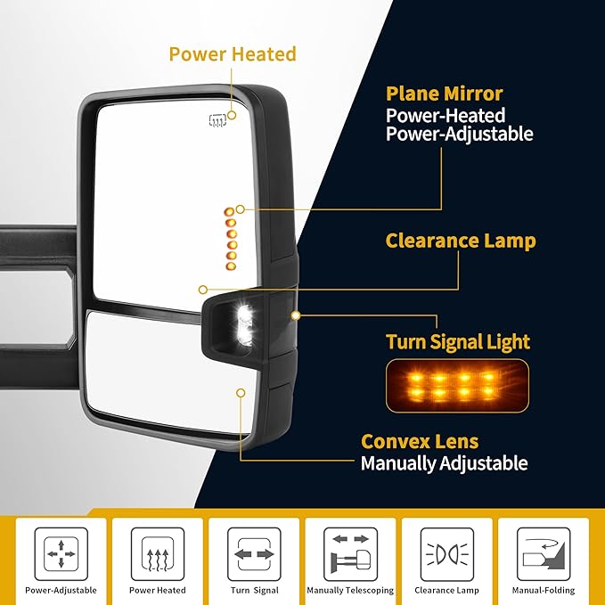 DWVO Tow Mirrors for 2014-2018 Chevy Silverado GMC Sierra 1500 2500HD 3500HD, Adjustable Foldable Side Mirrors with LED Turn Signals and Heated Power