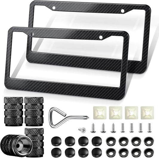License Plate Frames - License Plate Covers with Carbon Fiber Vavle Caps, 2 Packs Universal Carbon Fiber Pattern Frame for Front and Rear Car Tags.