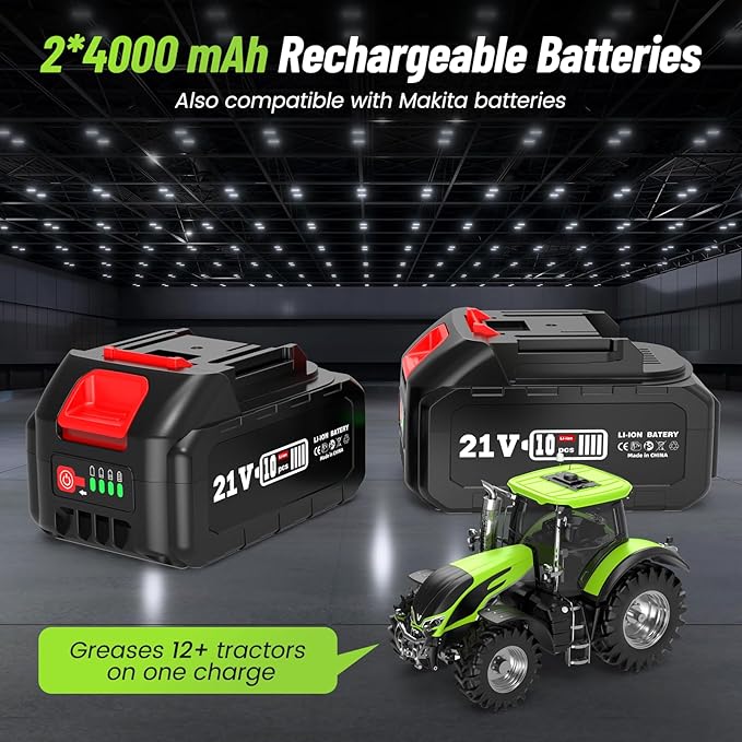 Grease Gun: Electric Grease Gun Battery Powered with 2 * 4.0Ah Batteries and Charger, Quick-Release Coupler, 10000 PSI Max Pressure, for Farmers, Mechanics, and Equipment Owners