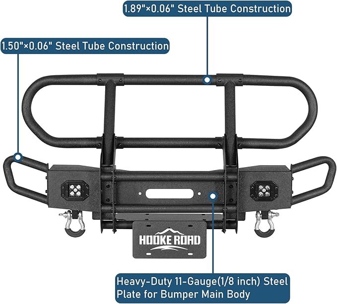 Hooke Road Wrangler Stubby Front Bumper Brush Guard Bull Bar for 2007-2018 Jeep Wrangler JK & Unlimited 2/4 Doors, Rock Crawler Tubular Offroad Bumper with Winch Plate, Lights & D-rings