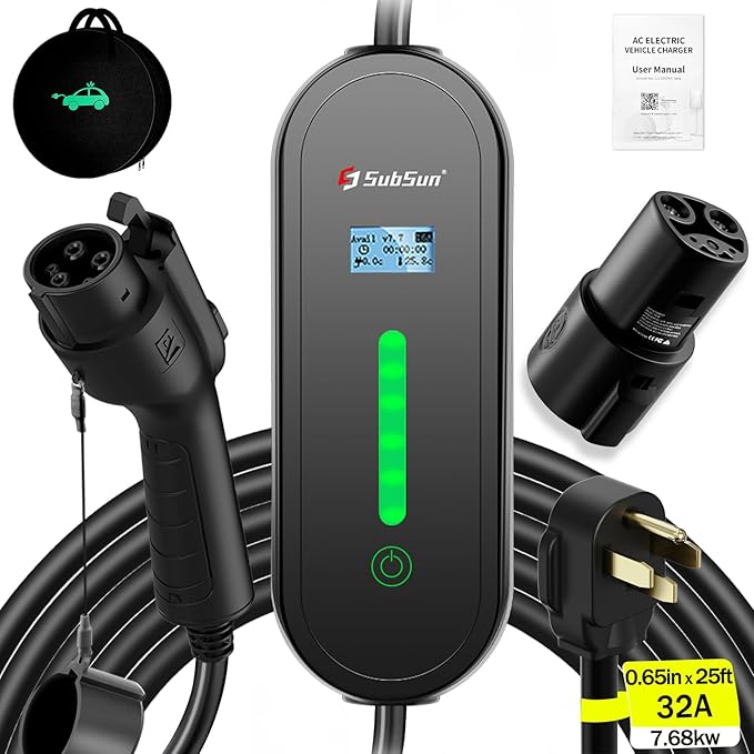 SubSun Universal Portable Level 2 EV Charger 32Amp 240V Electric Car Charger for All North American EVs Includes J1772 and Tesla, 25FT EV Charging Cable with NEMA 14-50 Plug (with Tesla Adapter)