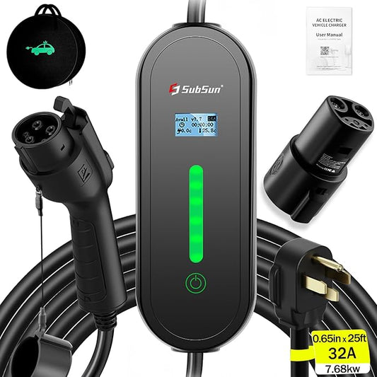 SubSun Universal Portable Level 2 EV Charger 32Amp 240V Electric Car Charger for All North American EVs Includes J1772 and Tesla, 25FT EV Charging Cable with NEMA 14-50 Plug (with Tesla Adapter)