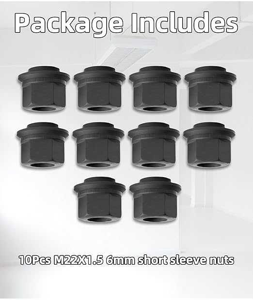 10PCS M22x1.5 Two-Piece Sleeve Flanged Wheel Nuts, 6mm Short Sleeve Nuts, 33mm Hex Black for Heavy Duty Truck Semi Truck Fit Steel Dual Wheels with Hub Piloted Seat & 26mm Bolt Hole Size